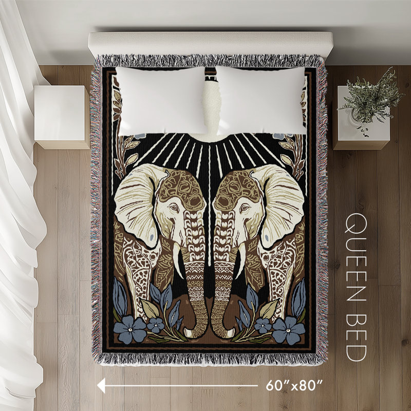 Jeté en mélange de coton Lim Elephant, L 80 po x l 60 po, Noir / vert / jaune