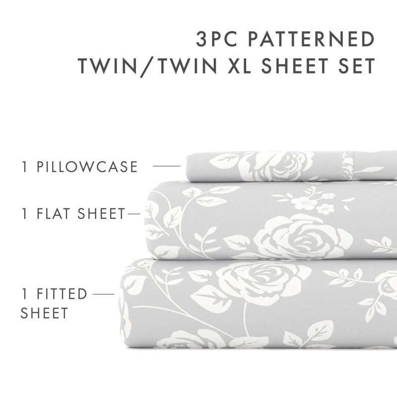 Twin Light Gray Rose Print Cotton Microfiber Sheet Set