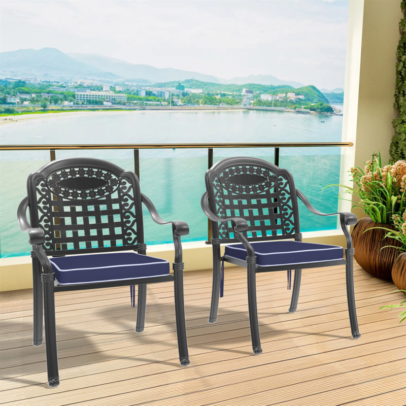 Chaise de patio en fonte d'aluminium 2 pièces avec structure noire et coussins bleus