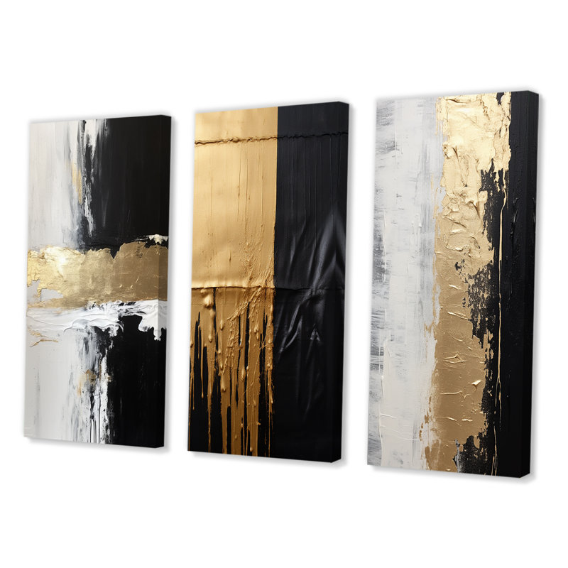 3 pièces sur toile - Dimensions horizontales abstraites or noir, Toile tendue, H 20 po x l 36 po