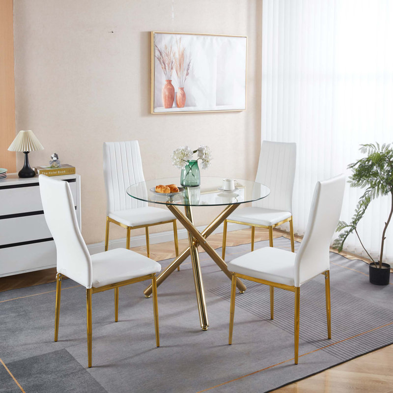 Ensemble de salle à manger 1 + 4,5 pièces, table de salle à manger à pieds en métal Mid-Century pour 4-6 personnes avec plateau en verre, table de salle à manger à piédestal, table basse de loisirs