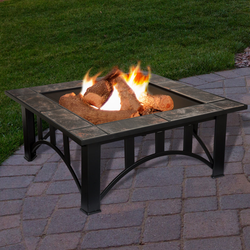 Fire Pit Set, Wood Burning Pit - Includes Screen, Cover and Log Poker - Great for Outdoor and Patio, 30 inch Square Marble Tile Firepit by Pure Garden Fire Pit Set, Wood Burning Pit - Includes Screen, Cover and Log Poker - Great for Outdoor and Patio, 30 inch Square Marble Tile Firepit by Pure Garden