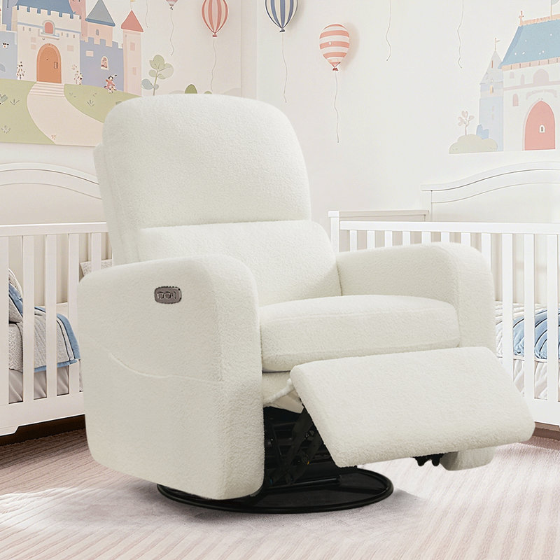 Fauteuil inclinable, oscillant et pivotant avec siège amovible et port USB Type-C de 36 po Reiby, Blanc peluche