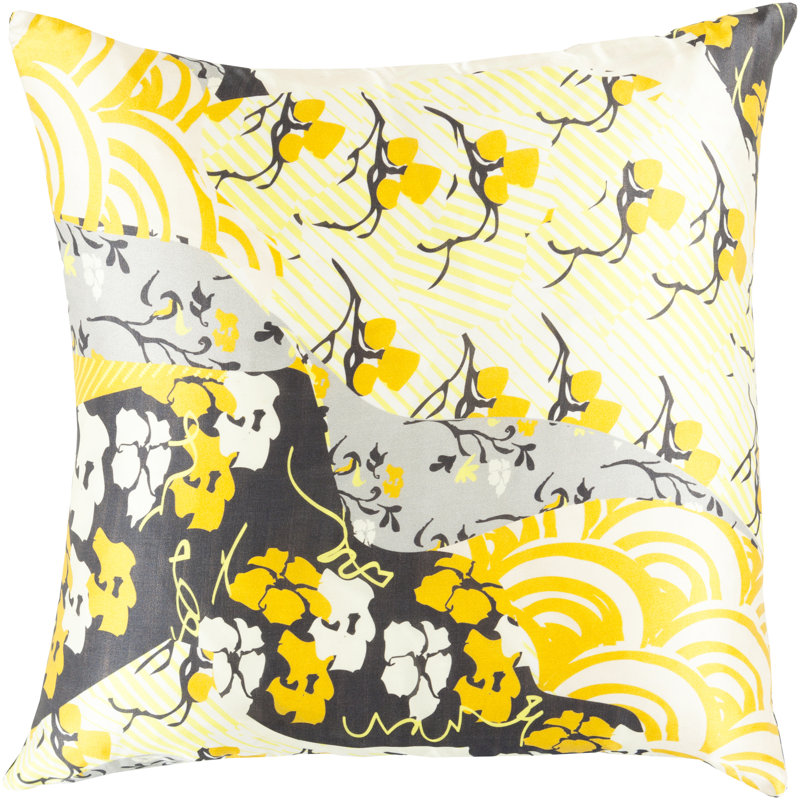 Geisha Floral Silk Pillow Cover, 18" H x 18" W x 4" D, Gold, Down