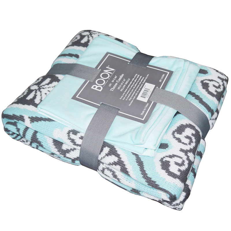 Neapoli Aqua and Black Knitted Throw Blanket with Pillow Covers