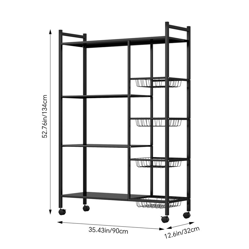 Kitchen floor multi-layer household multifunctional black storage rack, 134cm H x 90cm W x 32cm D