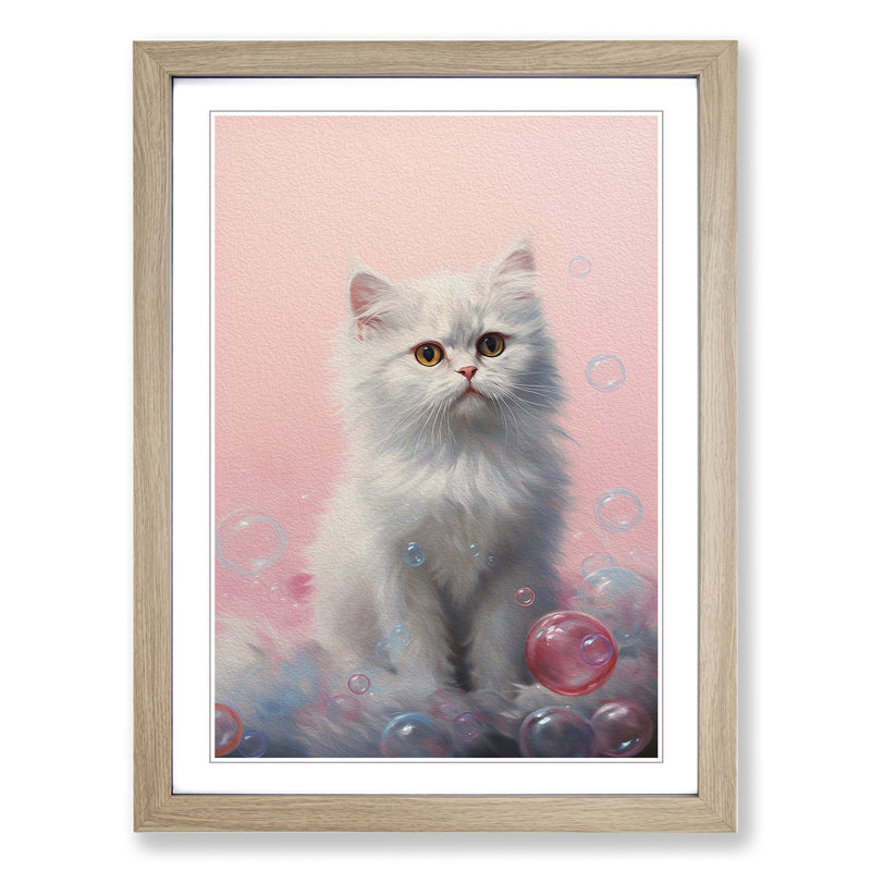 Persian Cat Bubble Gum Painting - Single Picture Frame Print on Wood, 46cm H x 34cm W x 2cm D, Oak Framed