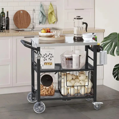 Chariot de barbecue pliable à 3 niveaux, table de barbecue extérieure avec roues, table de préparation multifonctionnelle, chariot de barbecue roulant, table de four à pizza en acier inoxydable pour patio, jardin, cour arrière