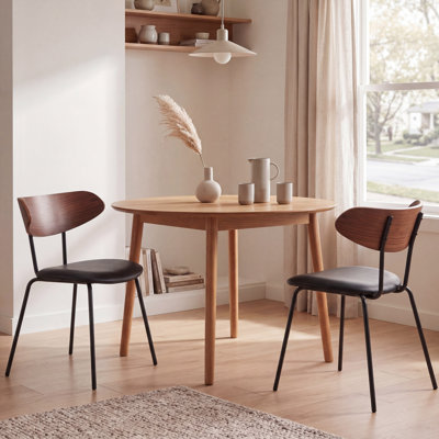 Modern Mid-century Dining Chair With Black Padded Seat Cushion Wood Finish & Black Metal Legs Curved Backrest Design For Kitchen Restaurant & Home Use