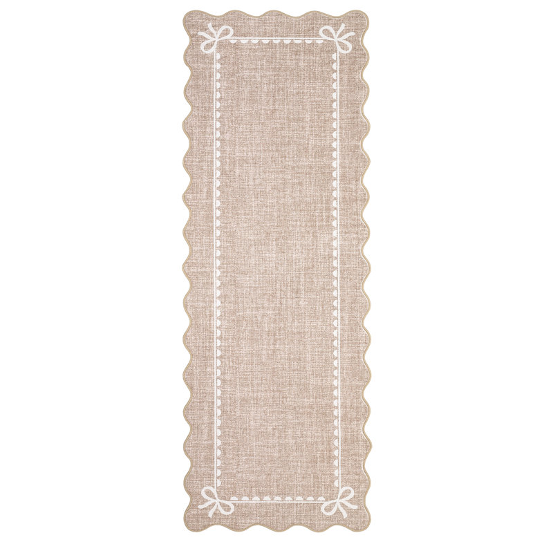 Scalloped Bow Washable Rug for Nursery Bedroom and Hallway, Tan, Runner 2'6" x 8'