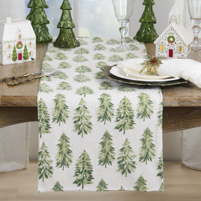 Chemin de table Winter Pine Tree - Chemin de table rustique de Noël avec conception de forêt de pins pour les tables de salle à manger des Fêtes, les réceptions en chalet et les tables d'hiver saisonniers
