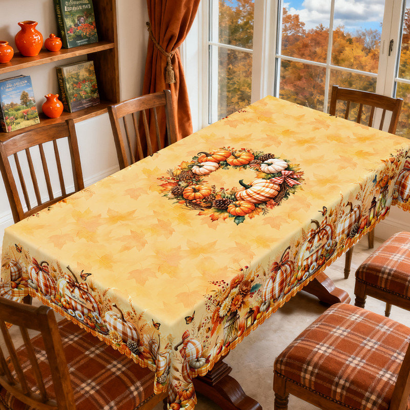 Golden Autumn Pumpkin-Patterned Machine-Washable Polyester Tablecloth, 86.6" L x 70.8" W