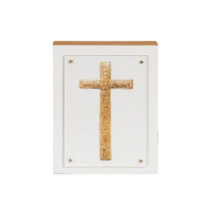 Wood Acrylic Block Gold Cross, Tabletop Signs, White, Wood, Tabletop, Living Room, Spring, Home Decoration