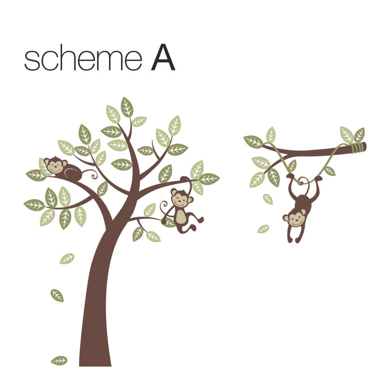 Décalcomanie murale trois singes avec branche de vigne, Vert mousse / vert sauge