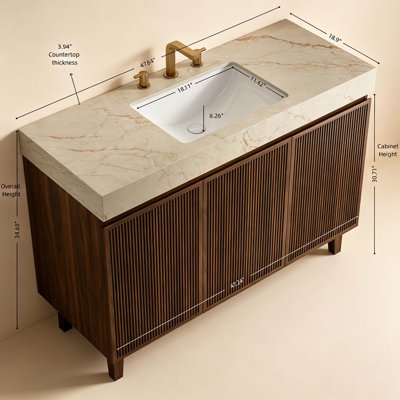 Meuble-lavabo de salle de bain 122 cm (48 po), meuble autoportant, comptoir en pierre frittée couleur crème veinée or et lavabo en céramique avec 3 trous prépercés pour robinetterie, démonté, robinetterie et bonde non inclus, couleur grain de bois naturel