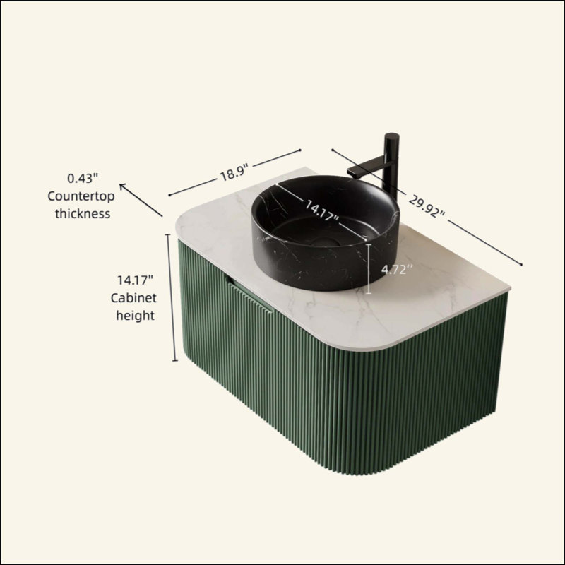 Meuble-lavabo pour salle de bain, armoire de salle de bain en contreplaqué rayé à bordures flottantes avec tiroir, vasque en céramique et plateau en pierre frittée, pré-assemblé