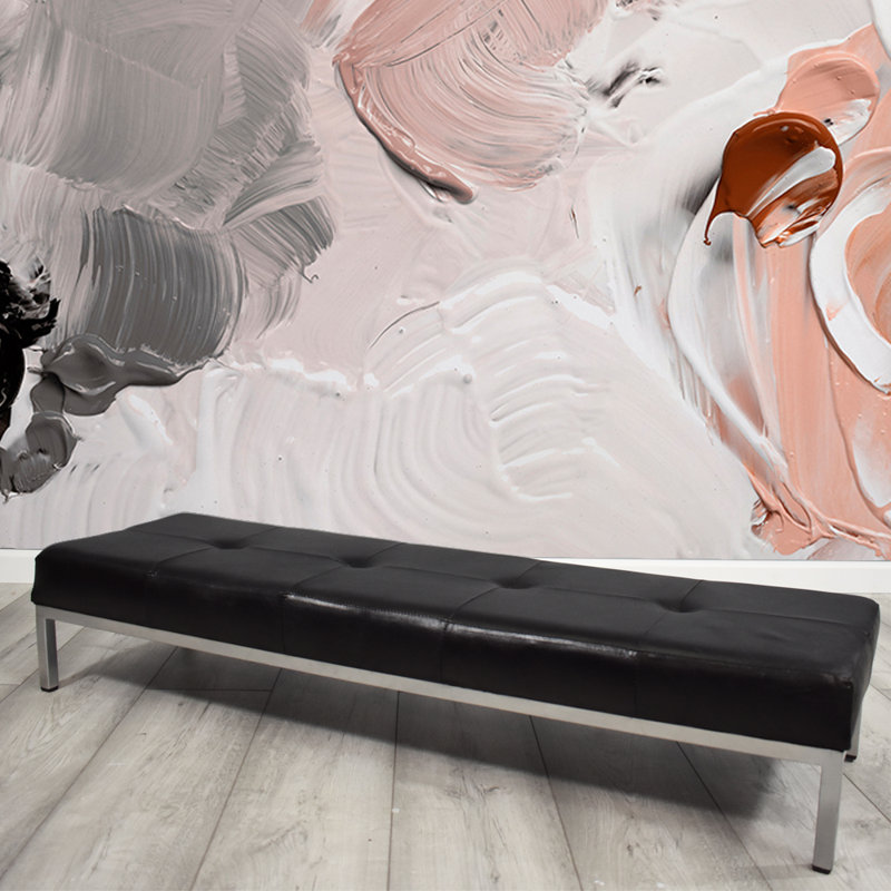 Alleffra Low Bench Foot Rest. 115cm Wide. Black Leather Button Tufted Upholstered Seat