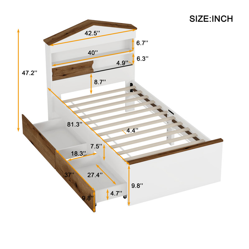 Twin Size House-Shaped Wooden Bed with Storage Shelf on the Headboard, Built-in Two Storage Drawers, Brown