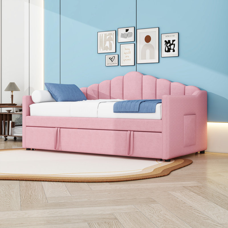 Twin Size Upholstered Daybed with Twin Trundle, Charging Station and Side Pockets, Pink