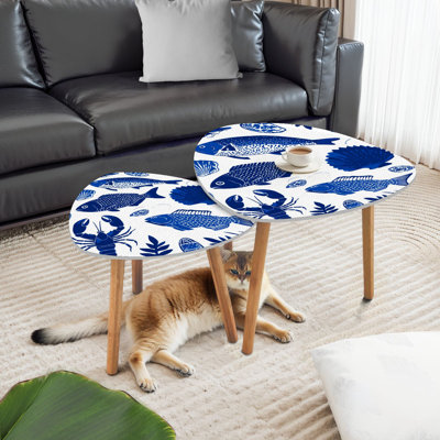 Triangle Nesting Coffee Table Set of 2 Seafood seamless Fish food Underwater sea End Table Modern Minimalist Side Table Set for Living Room Bedroom