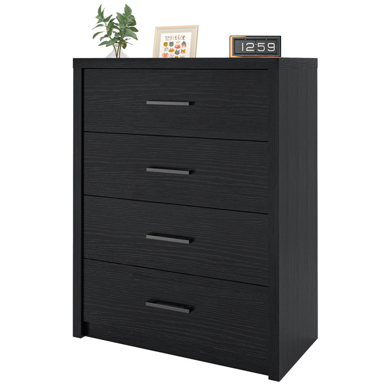 Commode 4 tiroirs en bois - Commode large pour chambre à coucher, salon ou bureau personnel, Noir