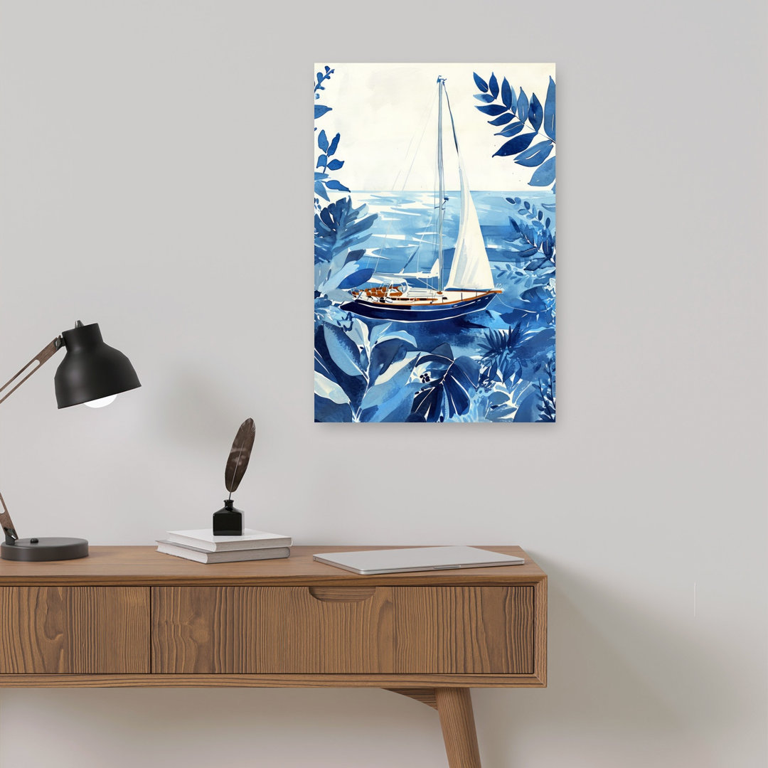 Blue Tropical Sailboat Peaceful Serene Abstract Coastal Nature Wall Art Print