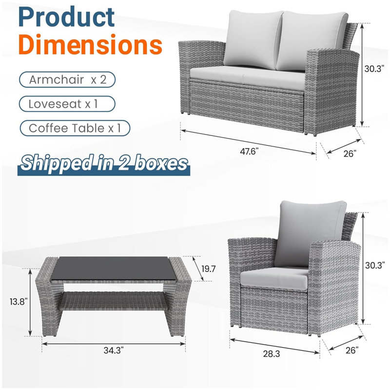 4-Piece All Weather Wicker Patio Conversation Set with Gray Cushions and Glass Table, Light Gray