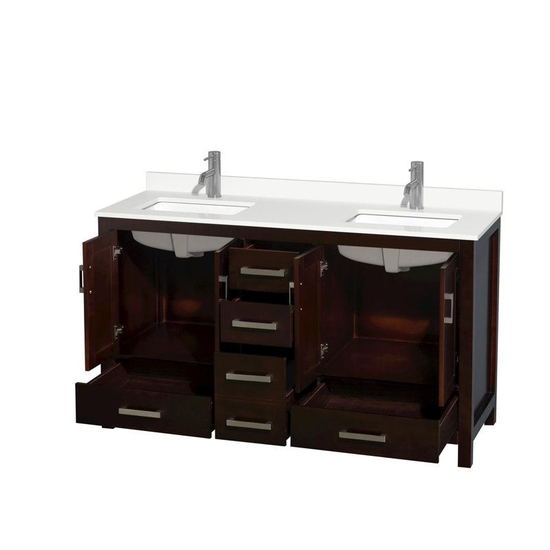 Meuble-lavabo double autoportant 60 po avec plateau en quartz Sheffield, Brun, Chrome, Quartz blanc