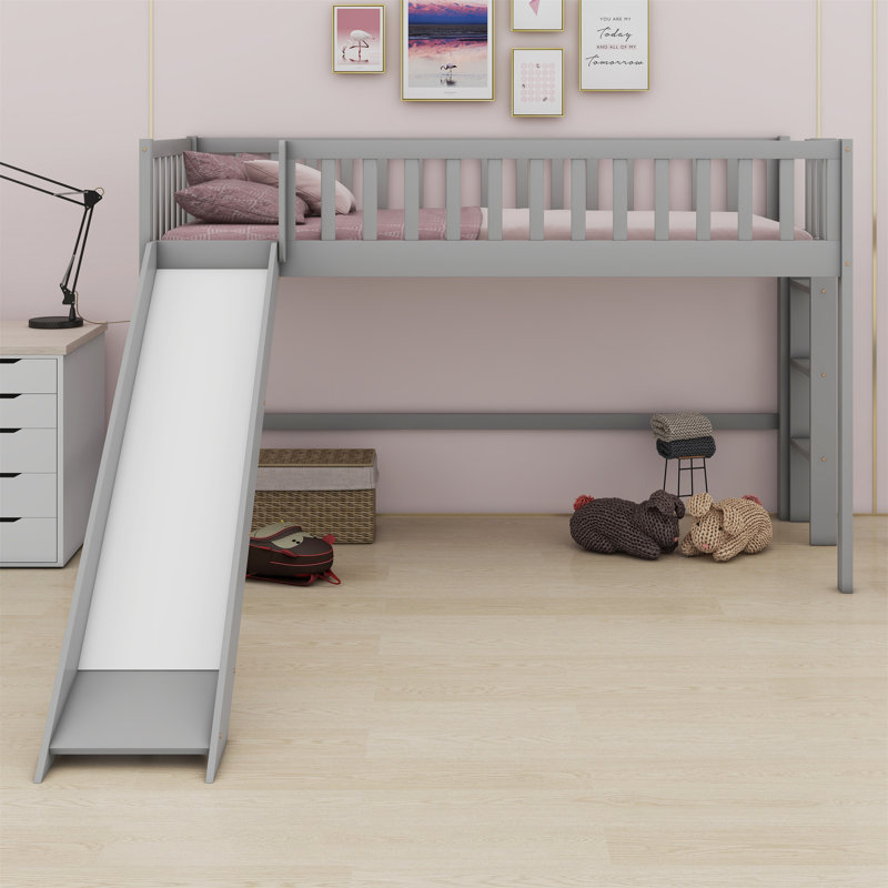 Low Loft Bed With Ladder And Slide, Gray