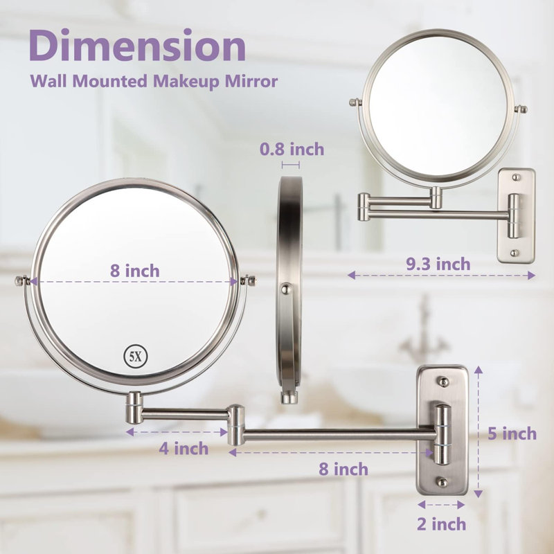 Miroir de maquillage mural, miroir grossissant 1X / 5X à double face, miroir de salle de bain extensible de 8 pouces pour le rasage, nickel