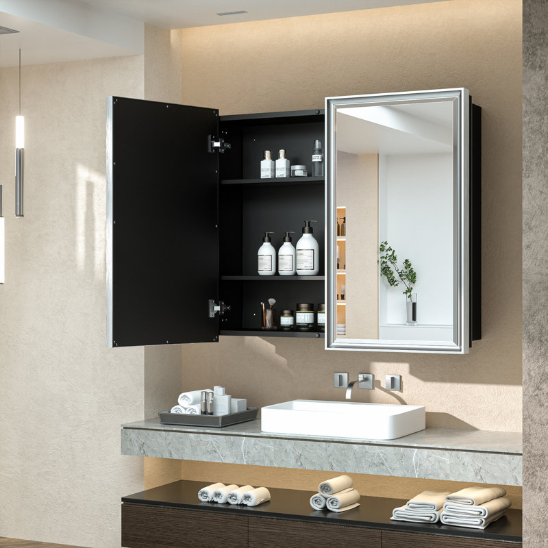 Lunara Recessed & Surface Framed 2 Door Medicine Cabinet with Mirror and Shelves, Silver, 32" H x 36" W x 5.2" D