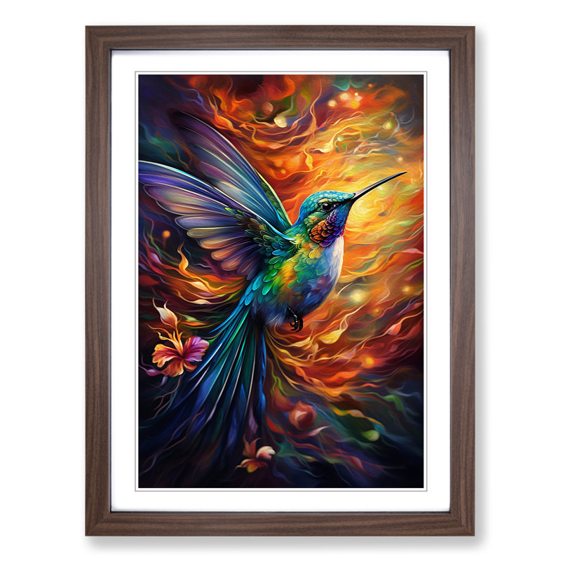 Hummingbird Expressionism - Single Picture Frame Print on Wood, Walnut, 64cm H x 46cm W x 2cm D