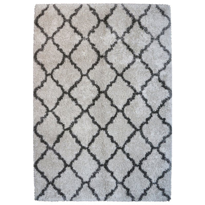 Mosman Shag Ivory Gray Casual Geometric Ogee Tile Polypropylene Plush Shag Area Rug