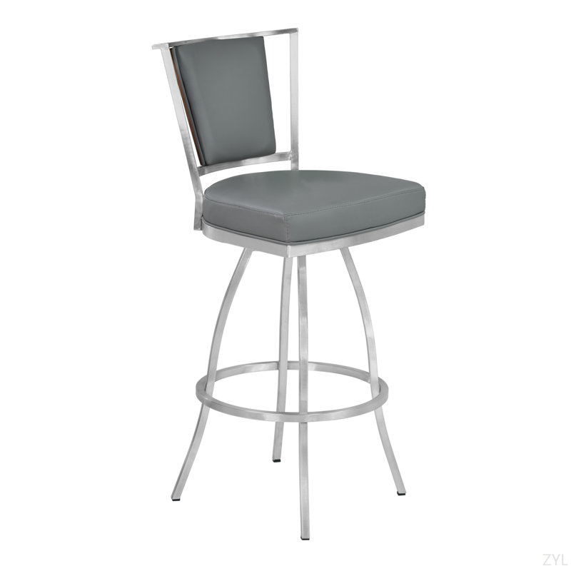 Tabouret de bar de 26 po de hauteur comptoir en similicuir gris avec finition en acier inoxydable brossé et dossier en placage de noyer