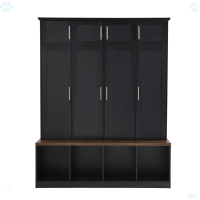Versatile Hall Tree With 4 Hanging Hooks, Brown Wood Grain Bench With Multiple Storage Space, Entryway Cabinet With Open Compartments For Living Room,