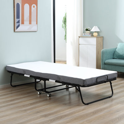 HOMCOM Rollaway Bed, Folding Bed With 4" Mattress, Portable Foldable Guest Bed With Sturdy Metal Frame And Wheels, 78.75"X35.5"X16.75", White