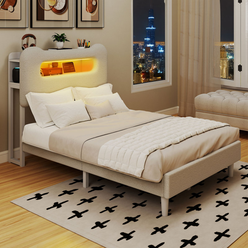 Upholstered Platform Bed with LED Lighting Included, Beige, Twin