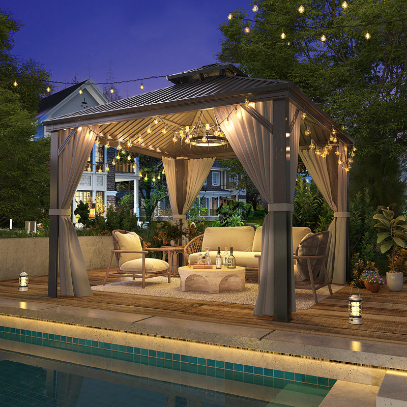 Gray Aluminum Hardtop Gazebo with Galvanized Steel Roof, Nettings and Curtains, 113.76" H x 120" W x 120" D 