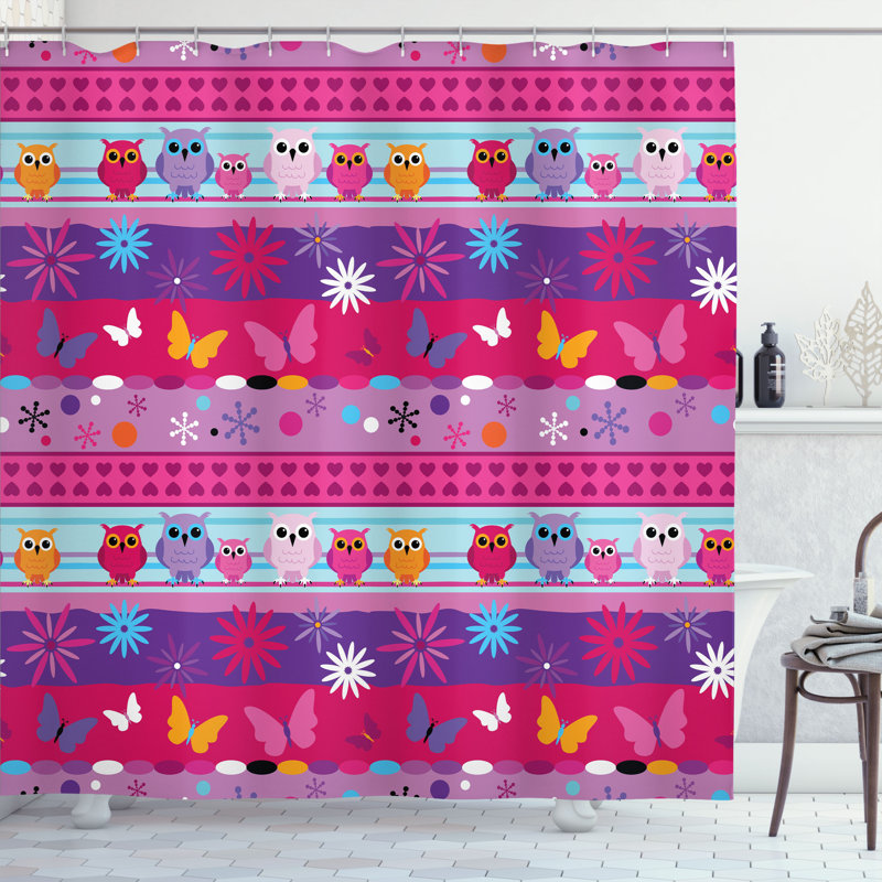Ambesonne Owl Shower Curtain Cartoon Owls and Flowers  Multicolor, 84"H x 69"W
