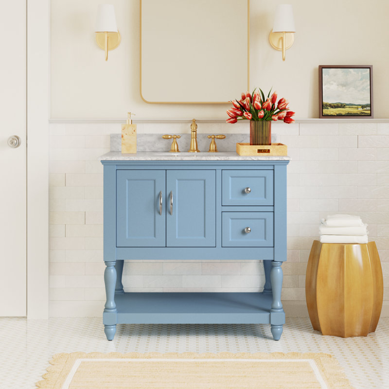 Hampton 36'' Single Bathroom Vanity with Top, Powder Blue, Carrara Marble