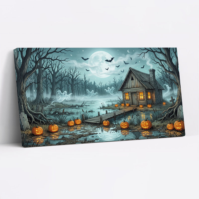 Art mural sur toile, "Marais avec citrouilles et fantômes", 40"W x 20"H