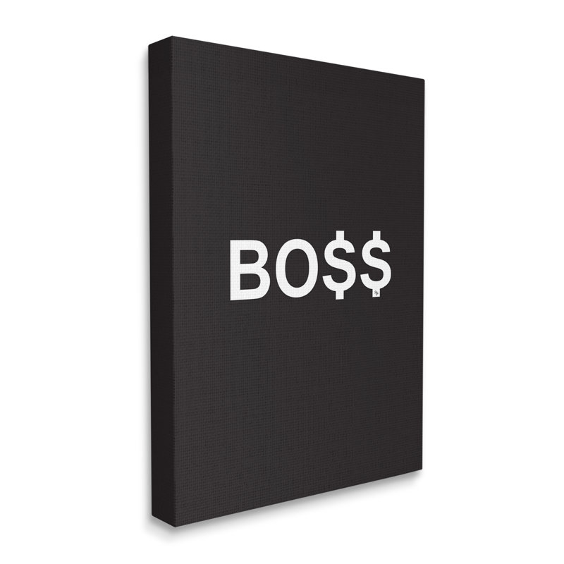«Boss Text Dollar Signs Minimal Black White» par Martina Pavlova - reproduction d'art textuel, H 40 po x l 30 po x 1,5 po