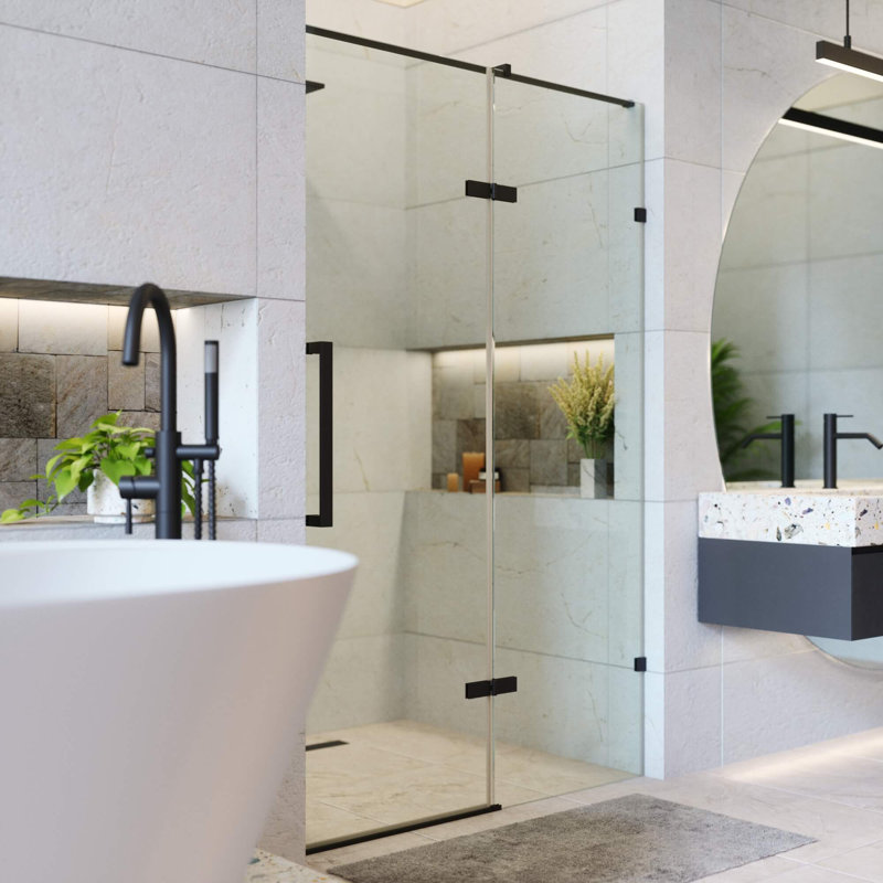 48'' W x 74.25'' H Hinged Frameless Shower Door, Black