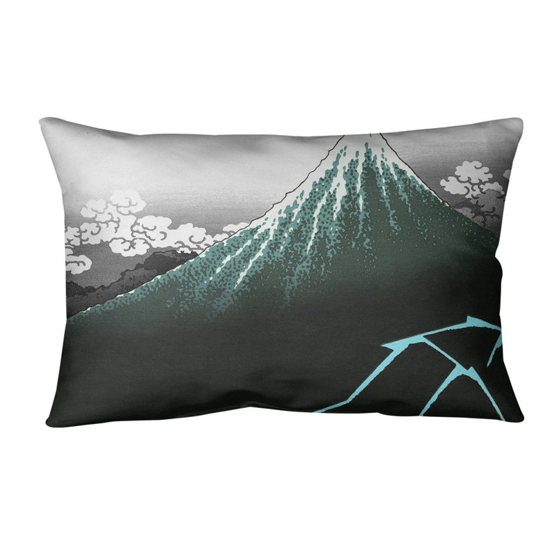 Coussin lombaire katsushika hokusai, au-dessous du summit, 20 po x 14 po, Bourre en polyester, Bleu sarcelle / gris