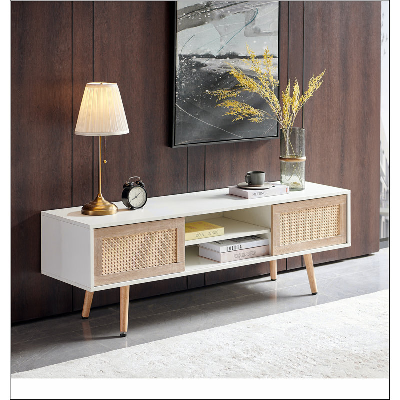Meuble télé 55,25 po en rotin, portes coulissantes doubles pour le rangement, tablette réglable, pieds en bois massif, console télé pour le salon