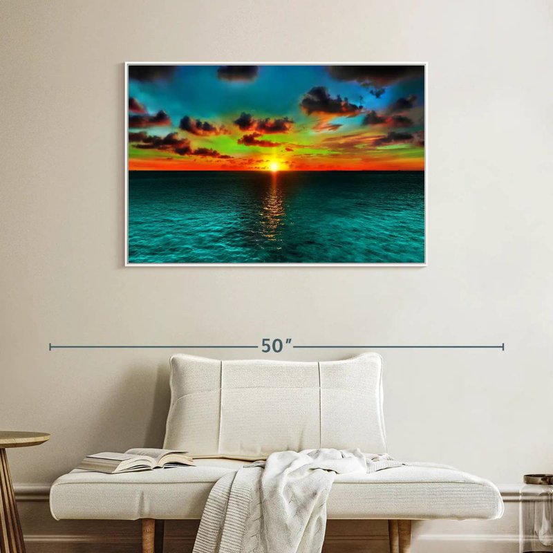 Coucher de soleil et océan, Cadre flottant blanc, 40 po x 27 po