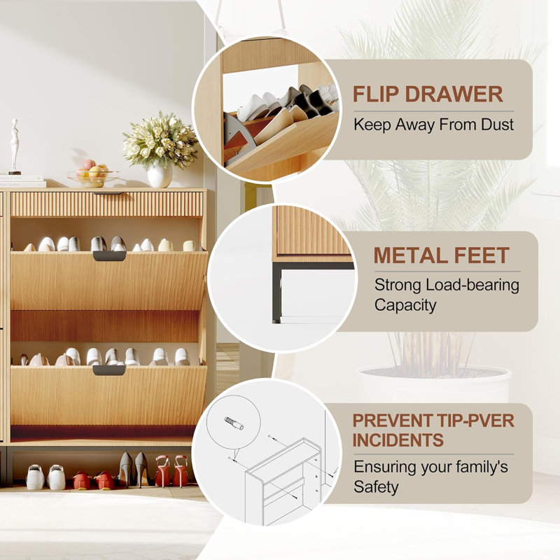 Fluted Shoe Storage Cabinet, Natural Wood