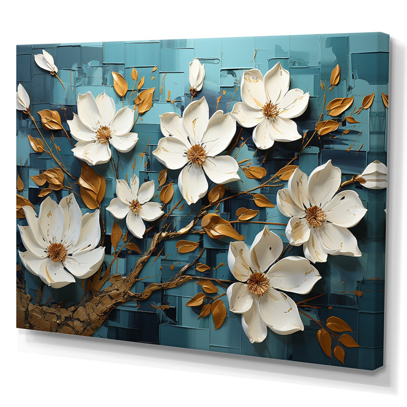 Blanc et bleu, charmante fleur printanière élégance IV - Fleurs, art mural, Toile tendue, H 30 po x l 40 po x P 1,5 po