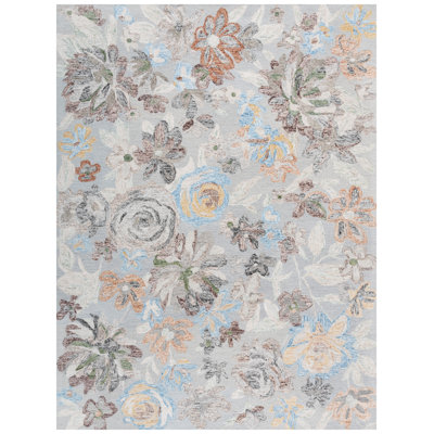 Tapis floral gris / bleu en laine / coton touffeté Thaddeus