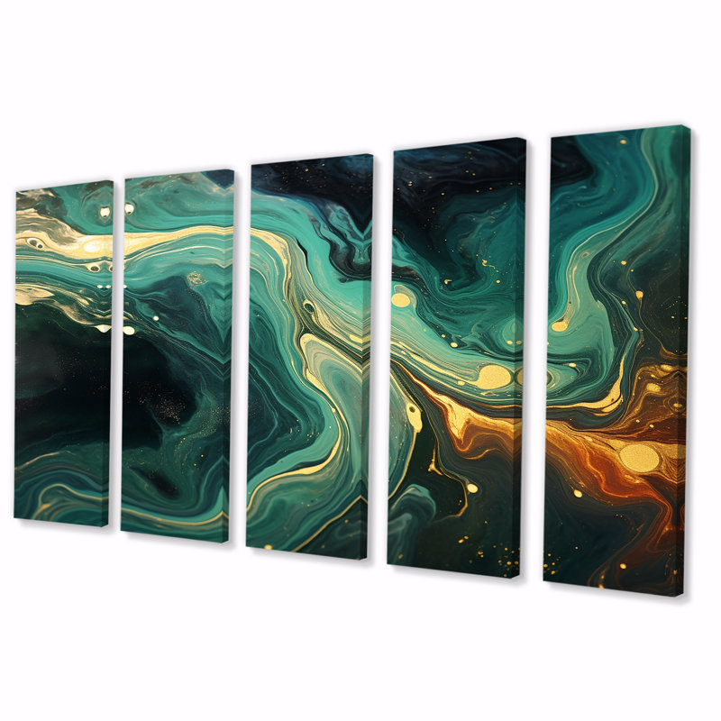 «Abstract Green and Gold Marble River I», art abstrait en marbre 5 pièces, H 28 po x l 60 po